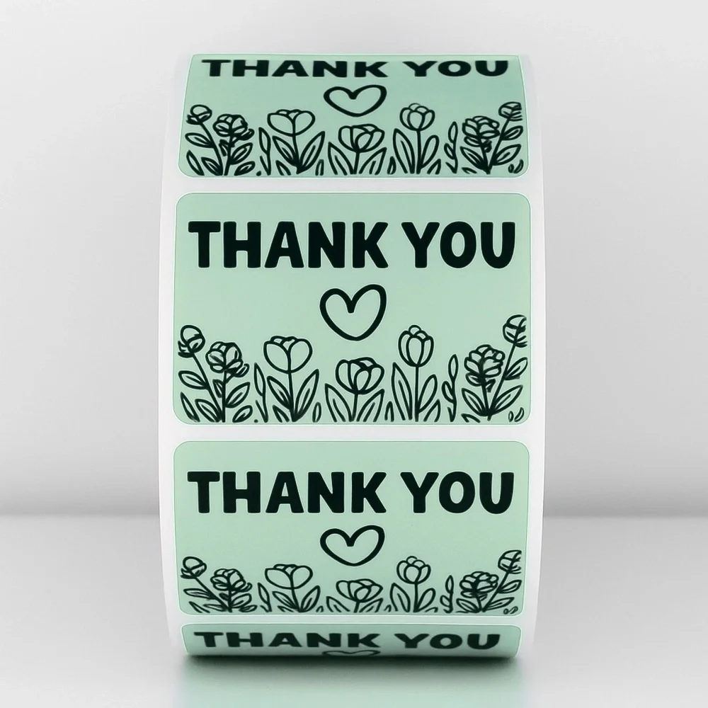 Thank You Stickers – Green Floral Design – Small Business Packaging Labels NEW